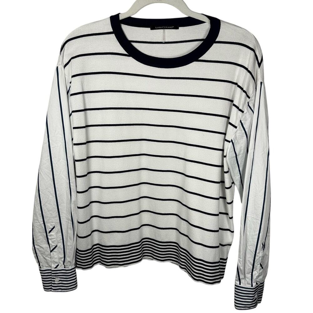 Luisa Cerano White & Navy Round Neck Striped Blouse Women's 8